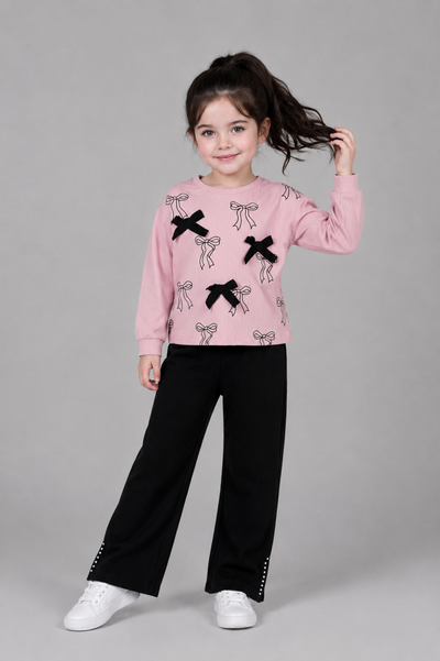Tuffy Set Copilă Tricot Jacquard cu Detalii Panglică cu Colanti-02615 - Latte