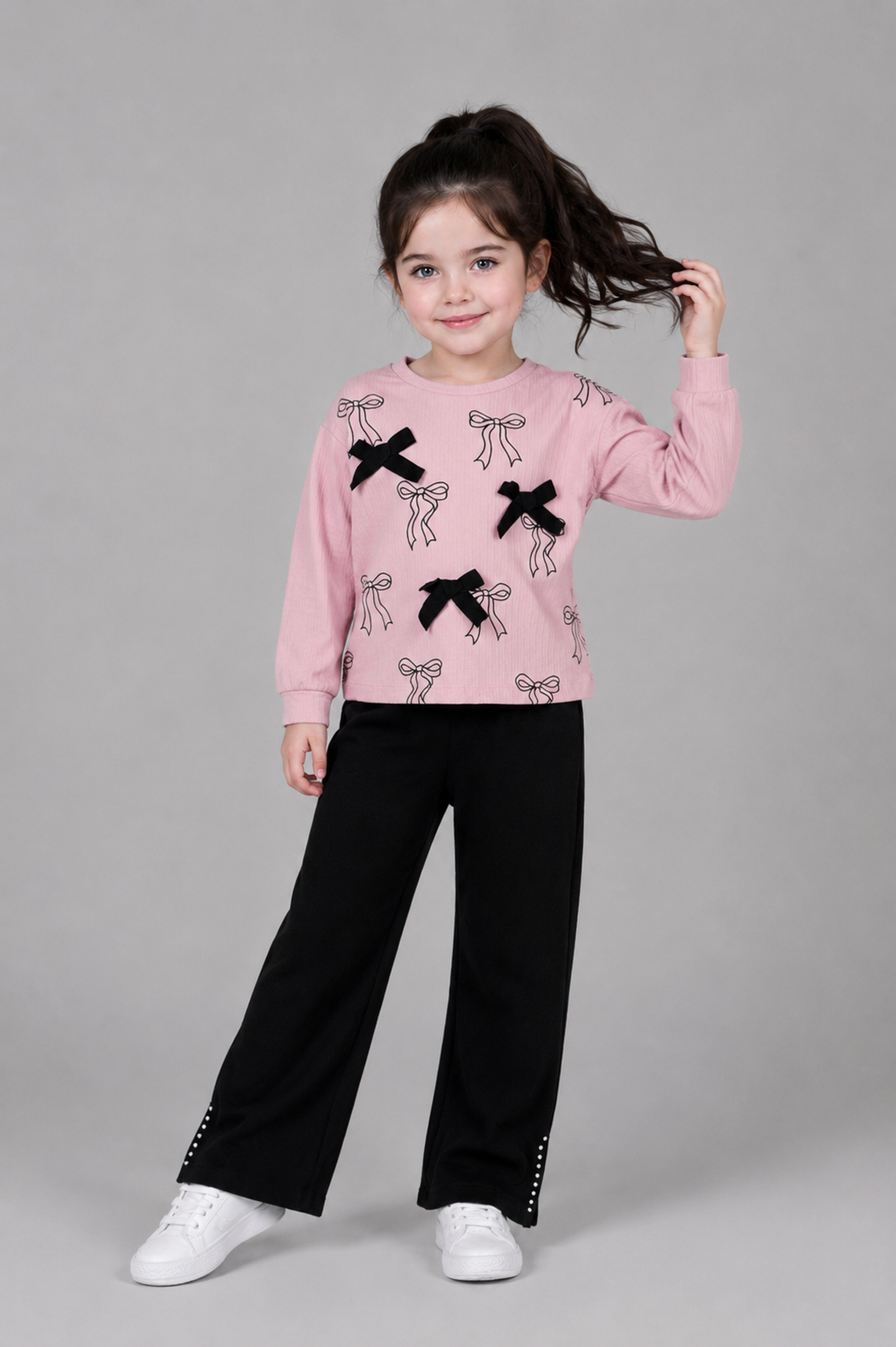 Tuffy Set Copilă Tricot Jacquard cu Detalii Panglică cu Colanti-02615 - Ecru