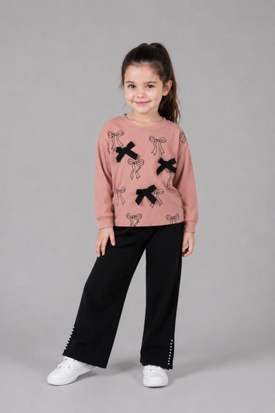 Tuffy Set Copilă Tricot Jacquard cu Detalii Panglică cu Colanti-02615 - Verde Deschis