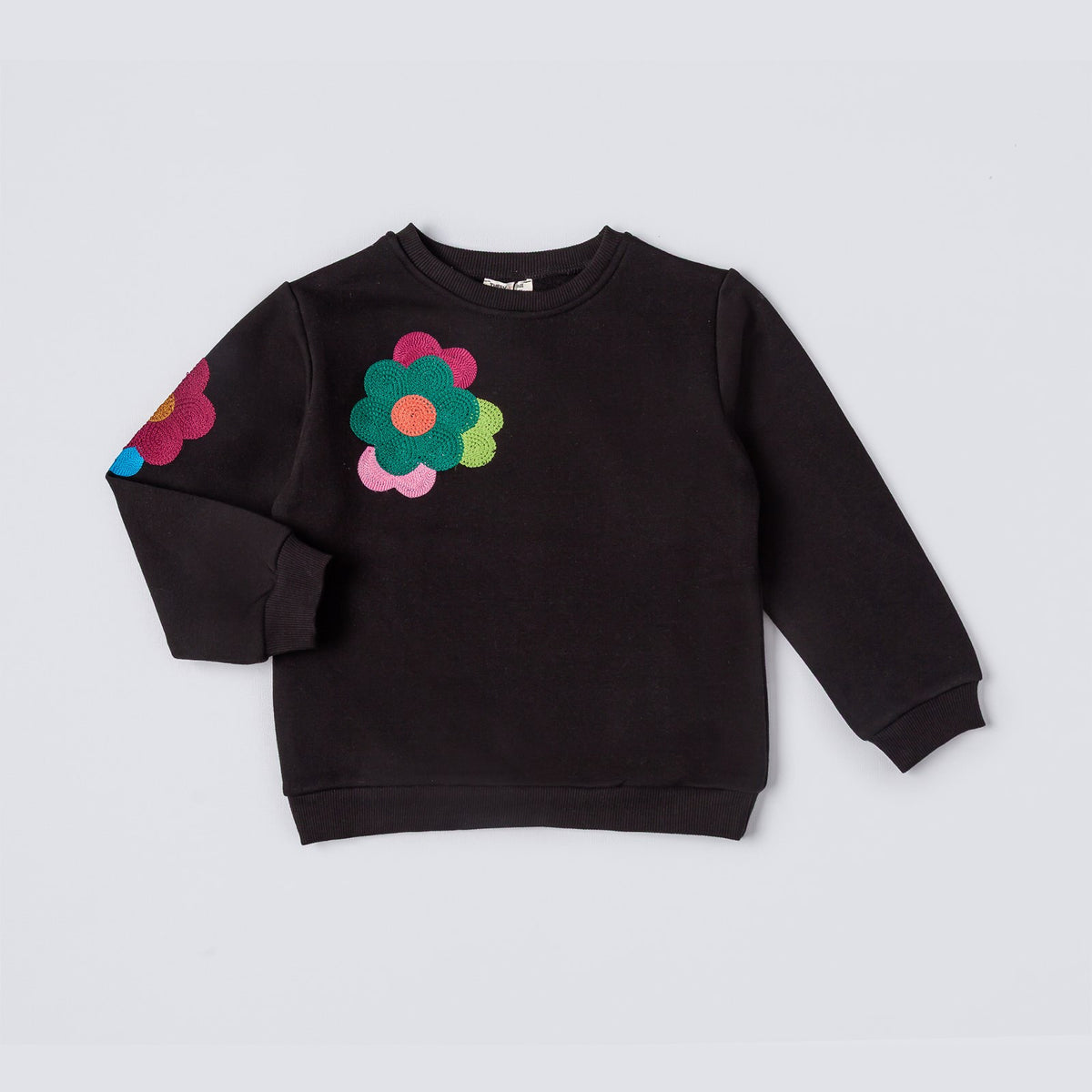 Tuffy Sweatshirt Copilă Șardonat cu Detalii Flori la Umeri-01635 - Latte