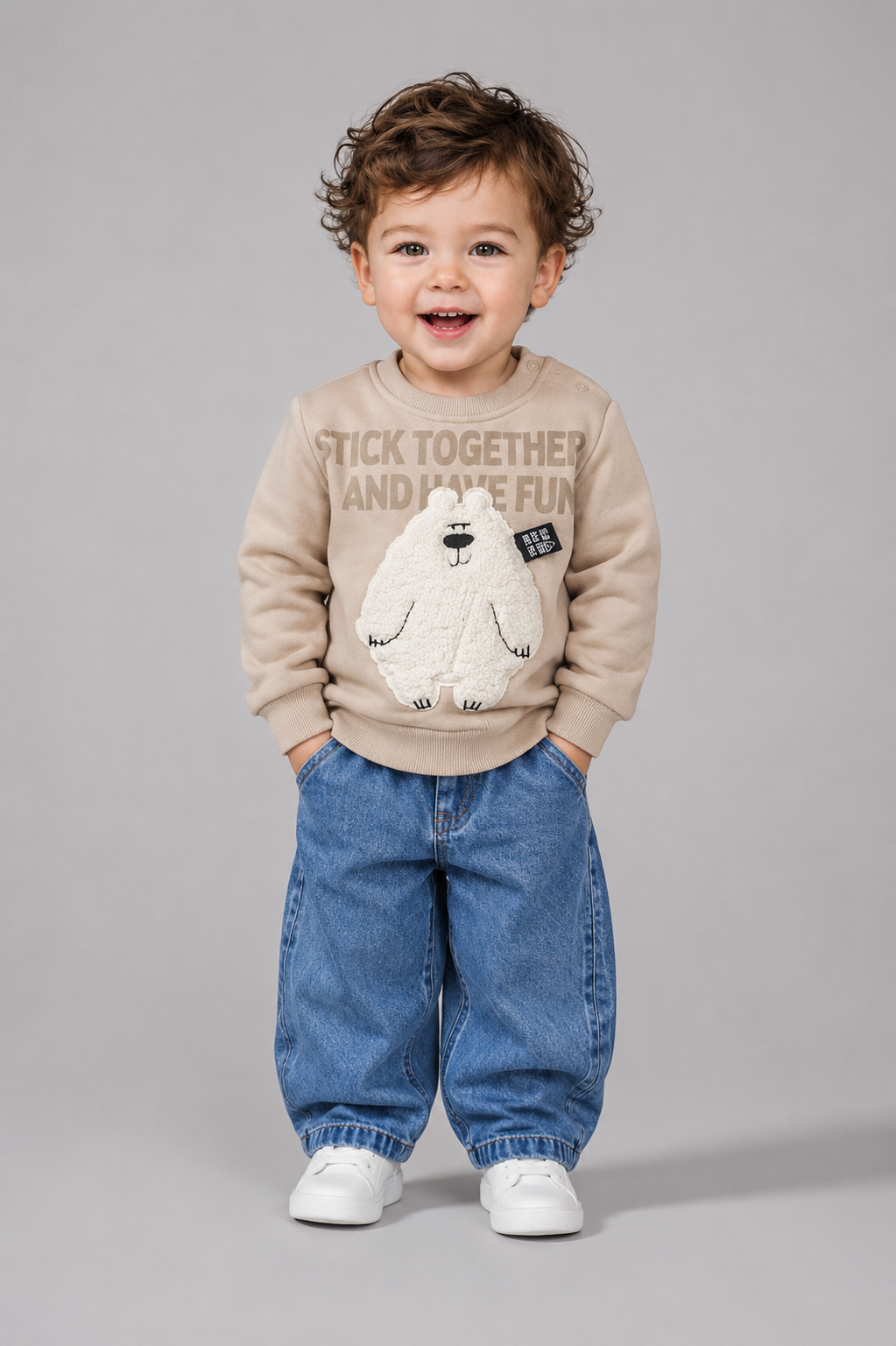 Tuffy Together Have Fun Baskılı Ayılı Erkek Bebek Sweatshirt-095 - Sütlü Kahve