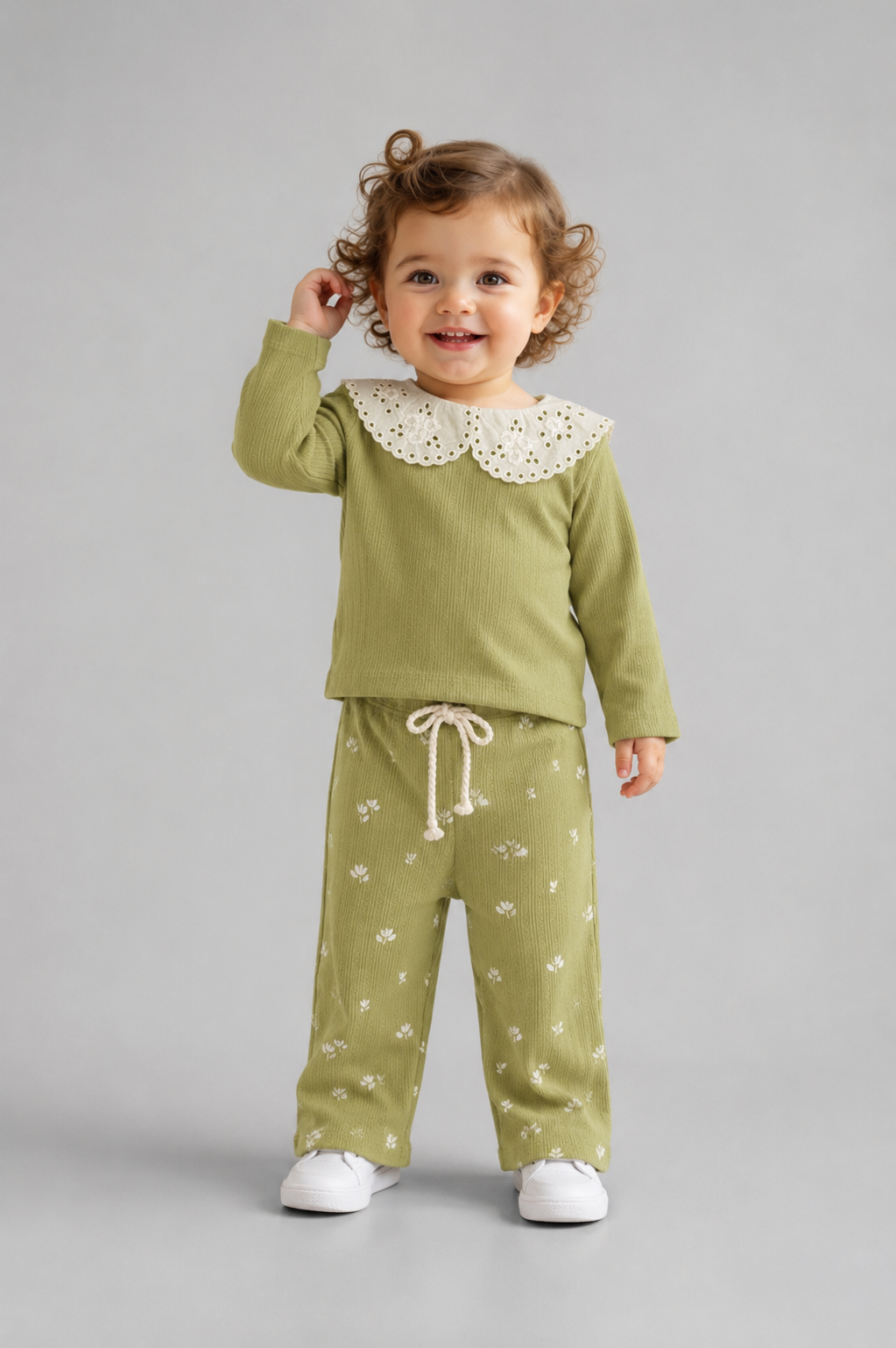 Tuffy Set Bebe Copilă Tricot Jacquard cu Detalii Guler cu Colanti-02155 - Măslină
