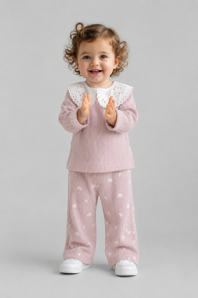 Tuffy Set Bebe Copilă Tricot Jacquard cu Detalii Guler cu Colanti-02155 - Măslină