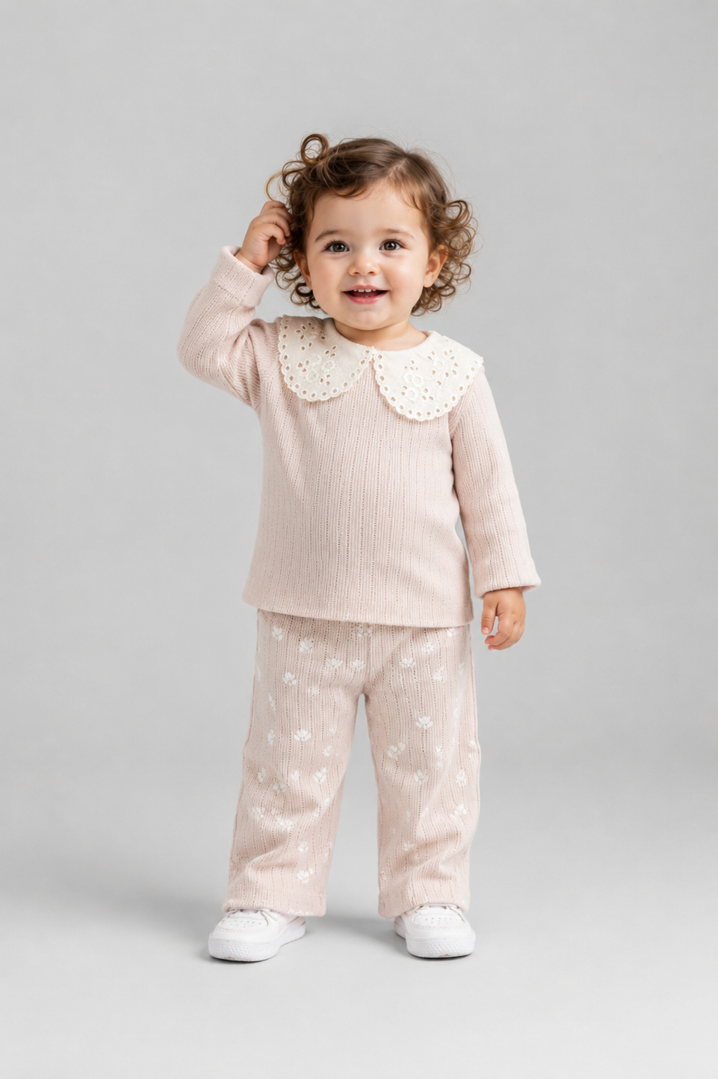 Tuffy Set Bebe Copilă Tricot Jacquard cu Detalii Guler cu Colanti-02155 - Pudră
