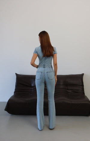 Gömlek Yaka Ön Fermuar Detaylı Light Blue Denim Tulum