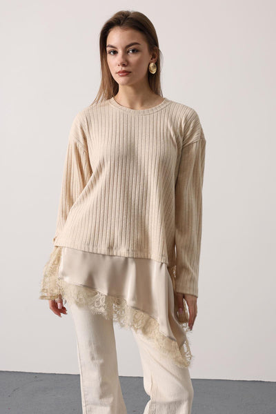 BLUZA ASIMETRICĂ CU DANTELĂ - Bej