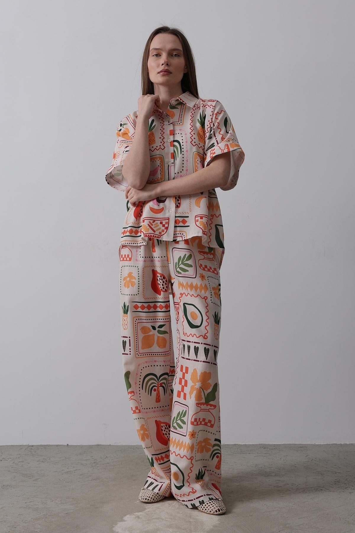 Set Pantaloni Manecă Scurtă Imprimat - Bej-Portocaliu