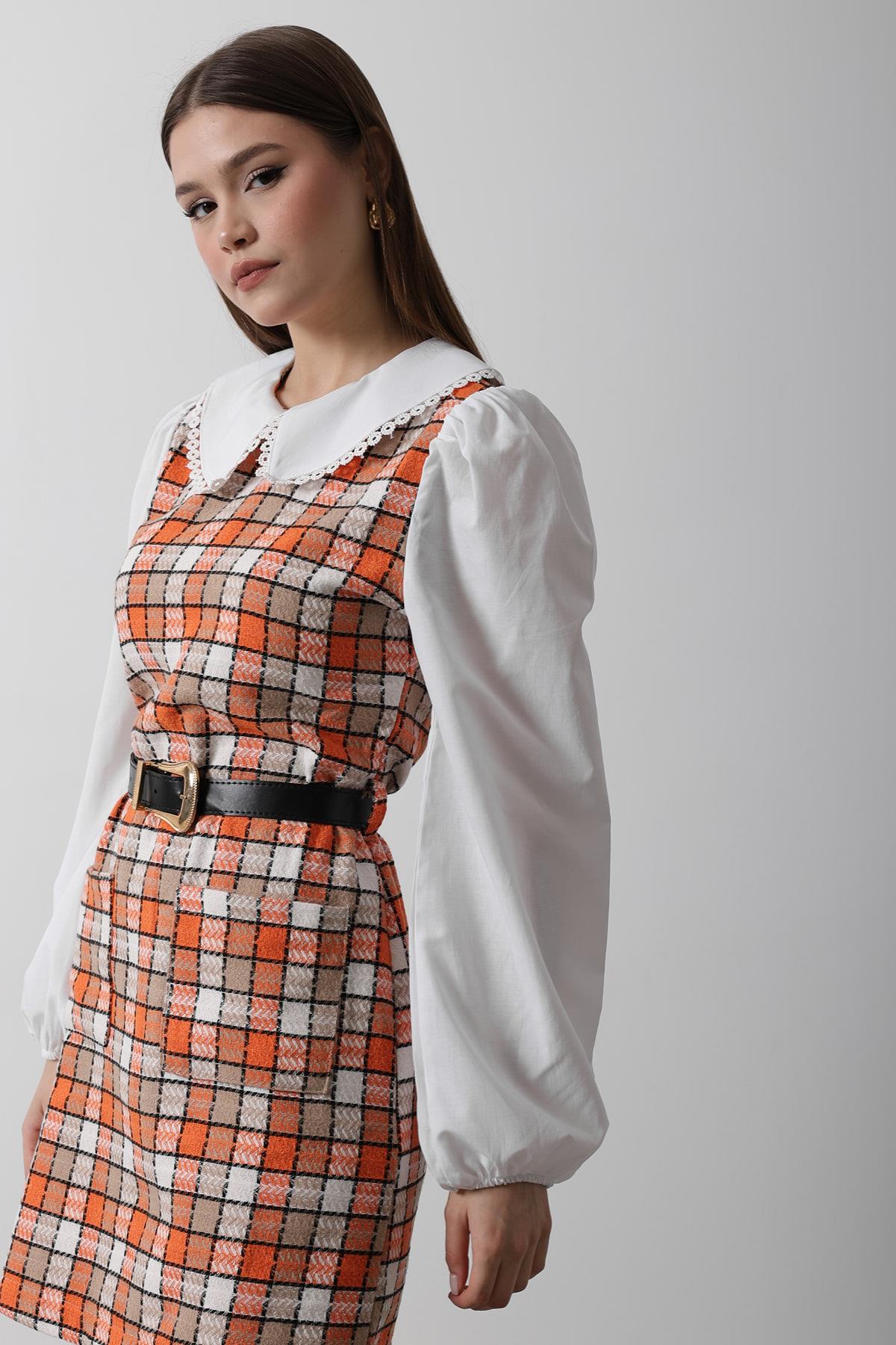 Rochie cu Detaliu Cămașă Carouri - Portocaliu