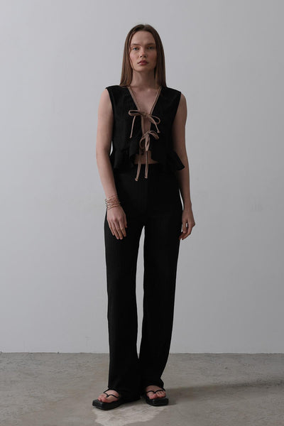 Set Tricot cu Volane și Legare Față - Negru