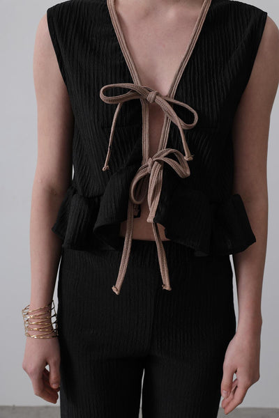 Set Tricot cu Volane și Legare Față - Negru