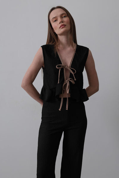 Set Tricot cu Volane și Legare Față - Negru