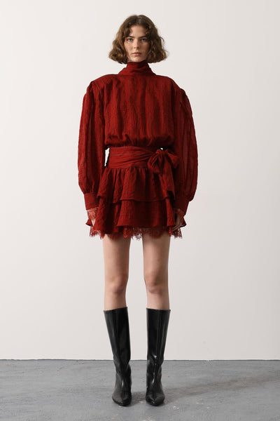 ROCHIE MINI CU DANTELĂ ȘI DUNGI - Bordo