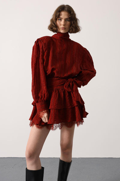 ROCHIE MINI CU DANTELĂ ȘI DUNGI - Bordo