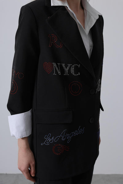 Taşlı Blazer Ceket - Siyah