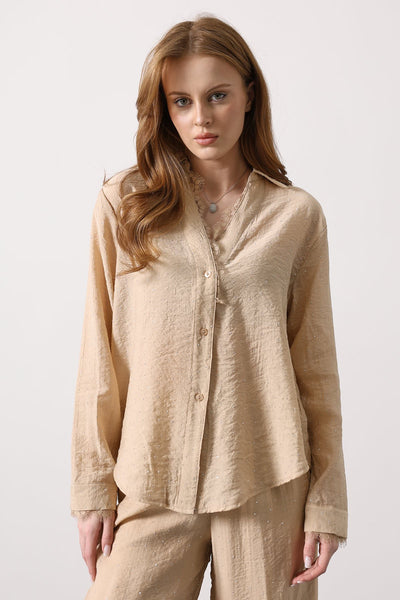 BLUZA CU GULER DANTELAT CU VOLANE - Bej