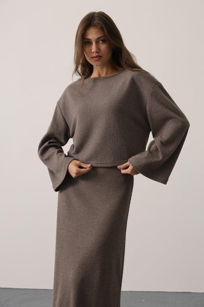 COSTUM CU BLUZA CU MÂNECI LUNGI ȘI FUSTĂ - Vizon