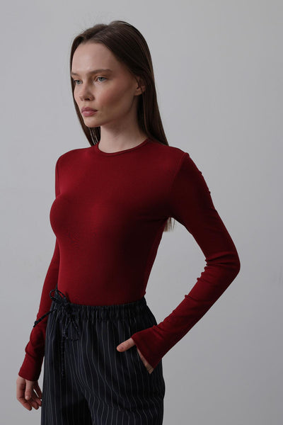 Top Crop Manecă Lungă - Bordo