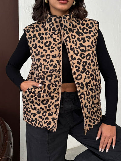 Topshow Mink Black Leopard Print Quilted Vest | F1785