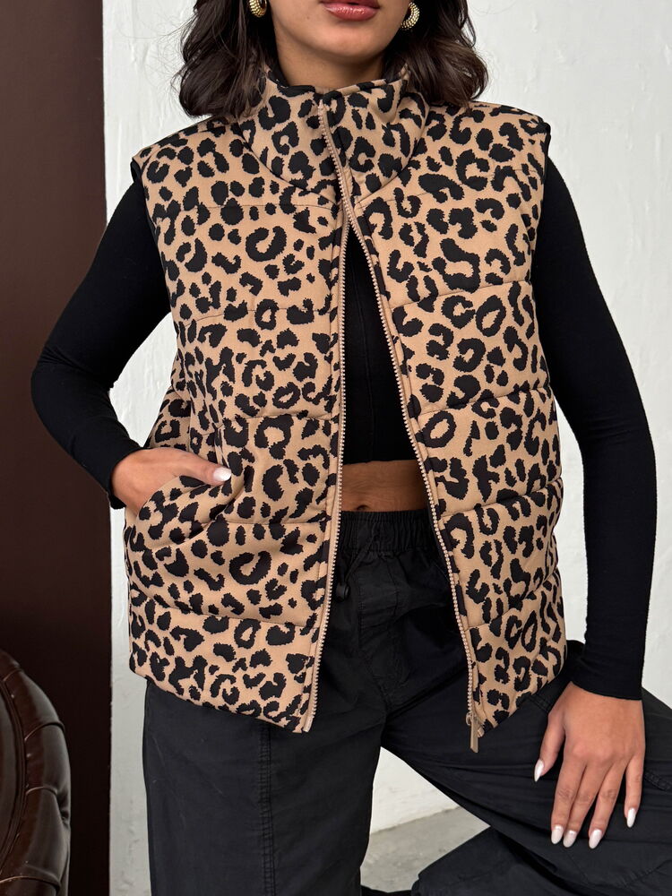 Topshow Mink Black Leopard Print Quilted Vest | F1785