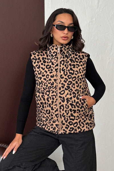 Topshow Mink Black Leopard Print Quilted Vest | F1785