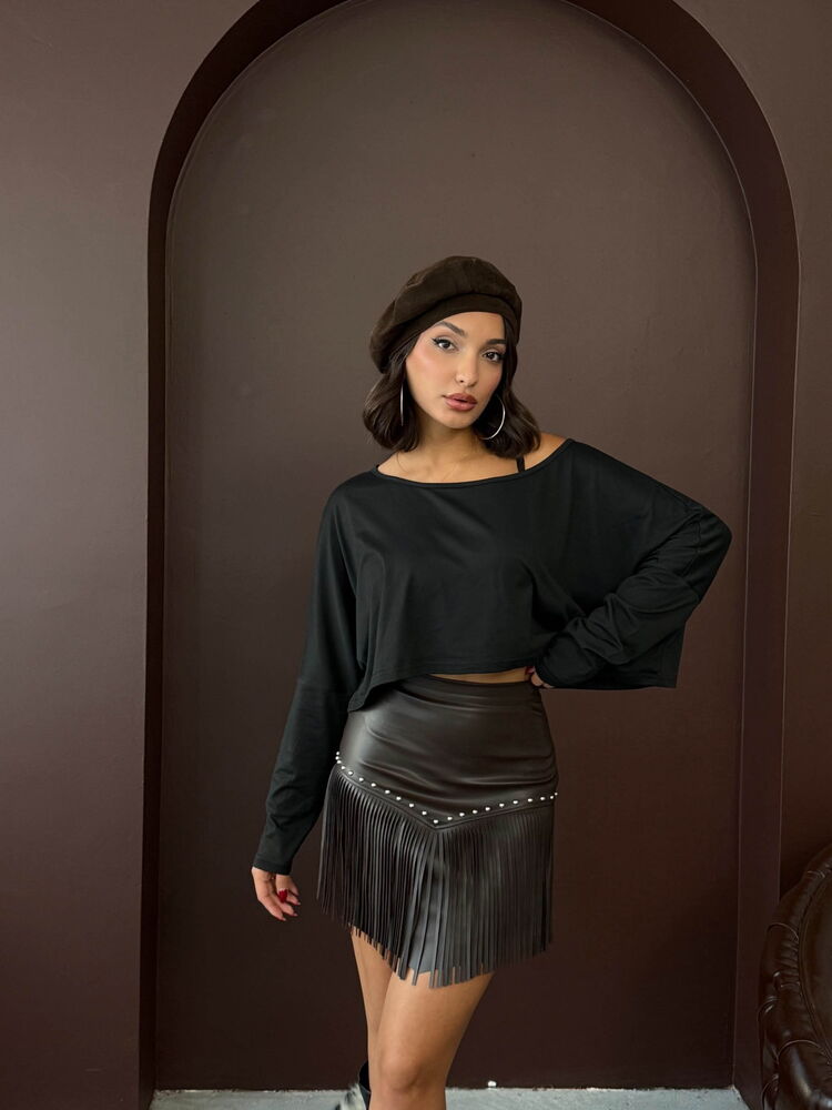 Fustă mini din piele cu ciucuri, stil western, en-gros - Negru | F2041