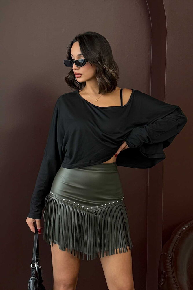 Topshow Western Style Fringed Mini Leather Wholesale Skirt - Khaki | F2041