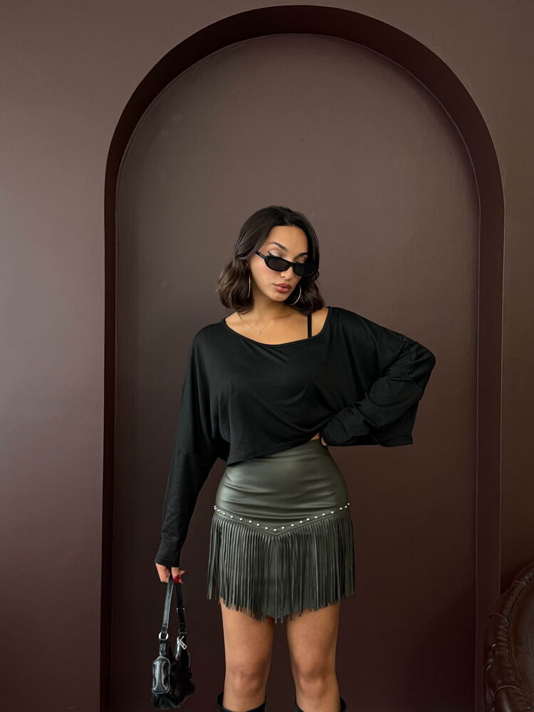 Topshow Western Style Fringed Mini Leather Wholesale Skirt - Khaki | F2041