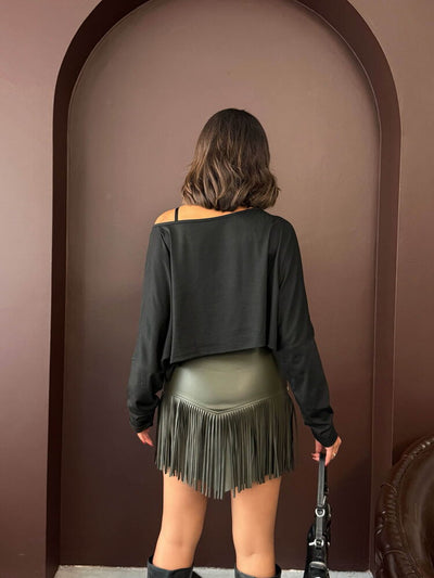 Topshow Western Style Fringed Mini Leather Wholesale Skirt - Khaki | F2041