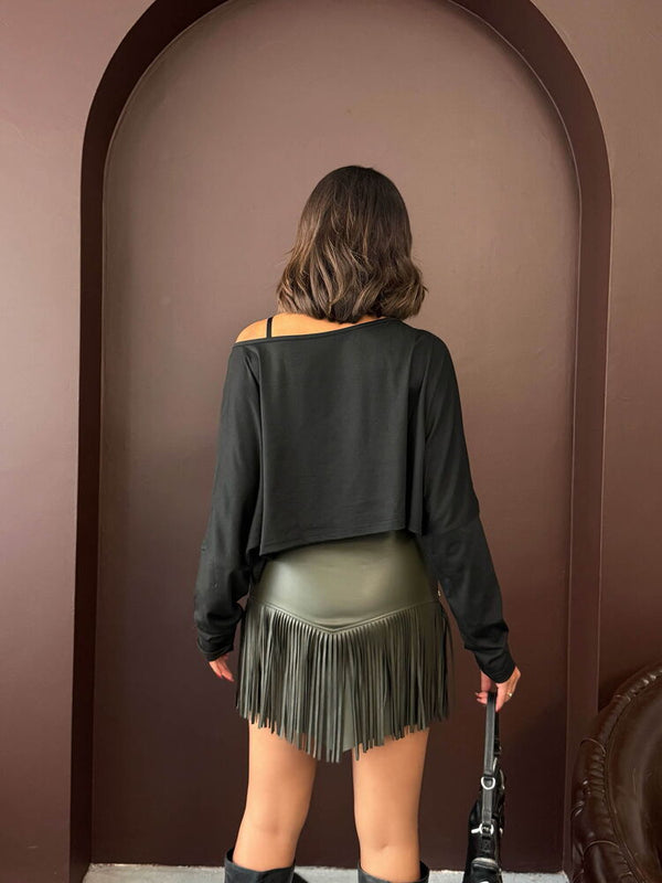 Fustă mini din piele cu ciucuri, stil western, de la Topshow, en-gros - kaki | F2041