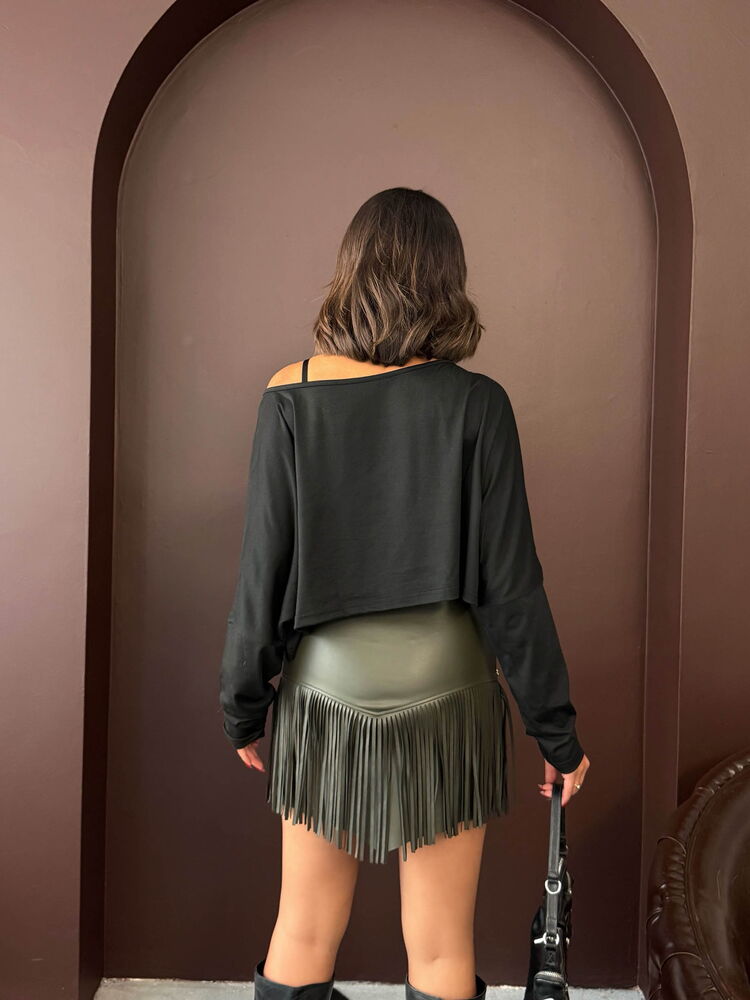 Topshow Western Style Fringed Mini Leather Wholesale Skirt - Khaki | F2041