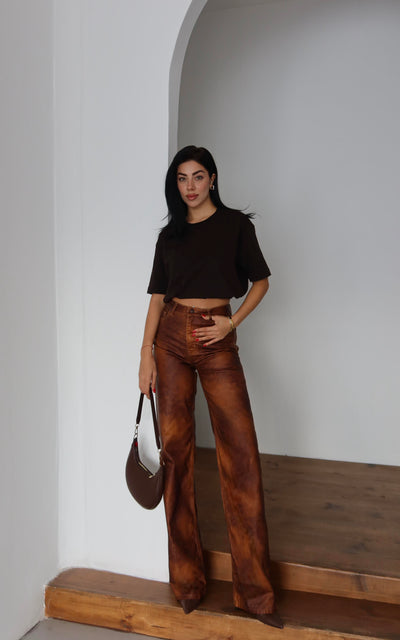 High-Waisted Wide-Leg Light Brown Denim Pants