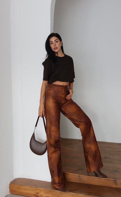 High-Waisted Wide-Leg Light Brown Denim Pants