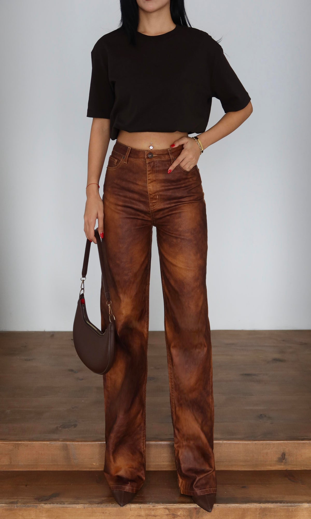 High-Waisted Wide-Leg Light Brown Denim Pants