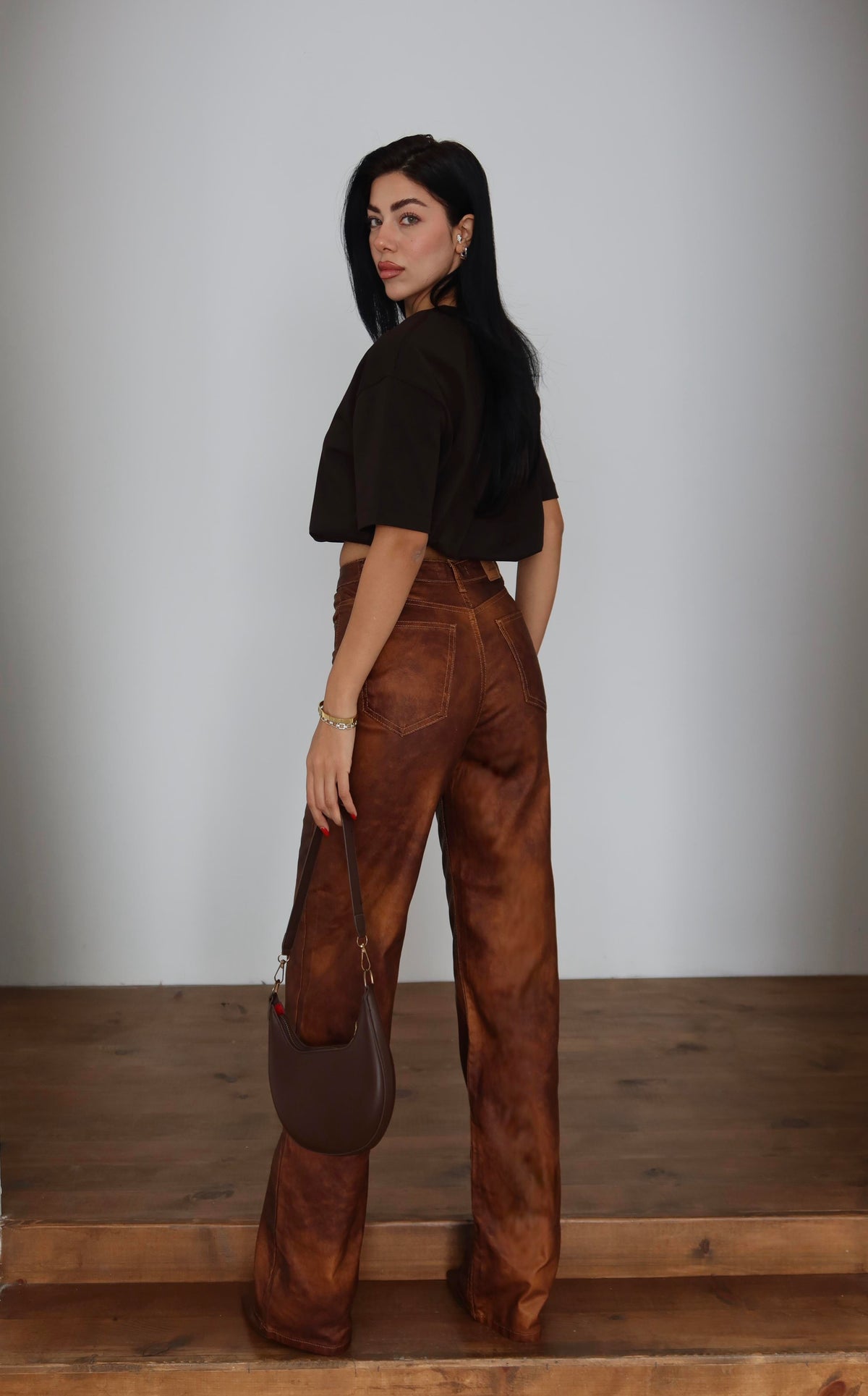 High-Waisted Wide-Leg Light Brown Denim Pants