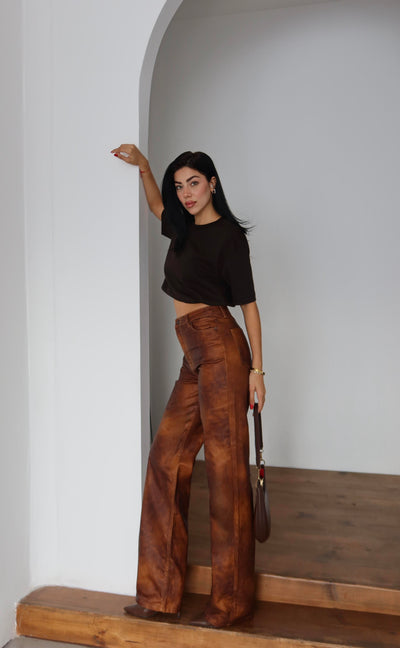 High-Waisted Wide-Leg Light Brown Denim Pants