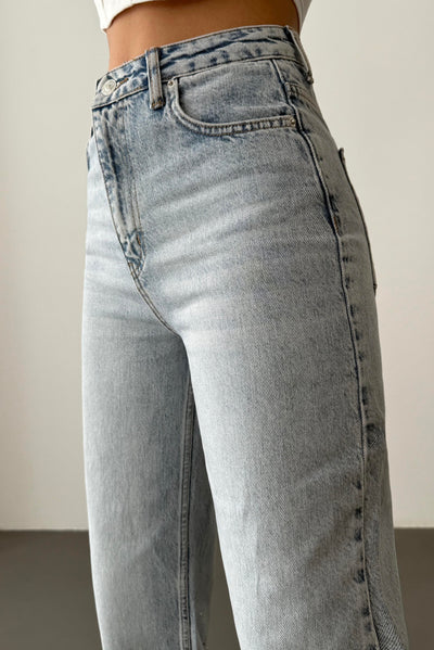 Yüksek Bel Bol Kesim Light Blue Taşlı Jean Pantolon