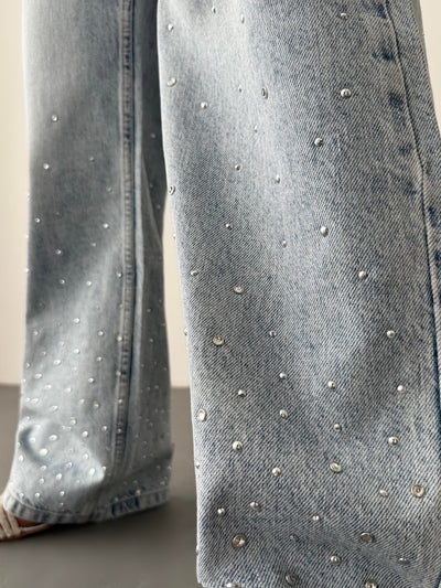 Yüksek Bel Bol Kesim Light Blue Taşlı Jean Pantolon