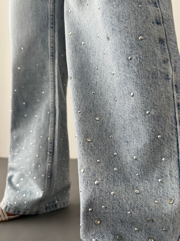 Yüksek Bel Bol Kesim Light Blue Taşlı Jean Pantolon