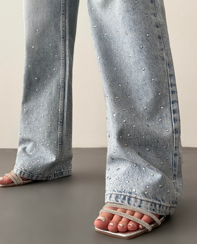 Yüksek Bel Bol Kesim Light Blue Taşlı Jean Pantolon