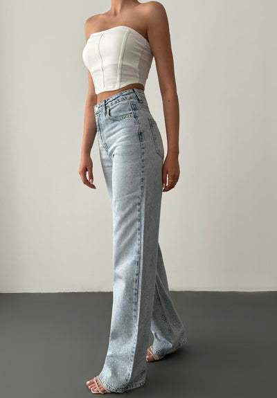 Yüksek Bel Bol Kesim Light Blue Taşlı Jean Pantolon