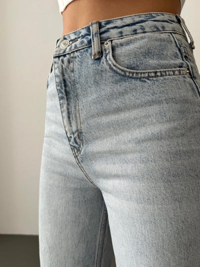 Yüksek Bel Bol Kesim Light Blue Taşlı Jean Pantolon