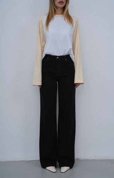 Yüksek Bel Wide Leg Kalıp Tütün İp Detaylı Black Black Jean Pantolon