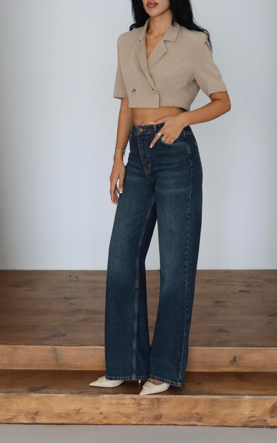 Pantaloni Jean Cafea cu Talie Înaltă, Croială Largă