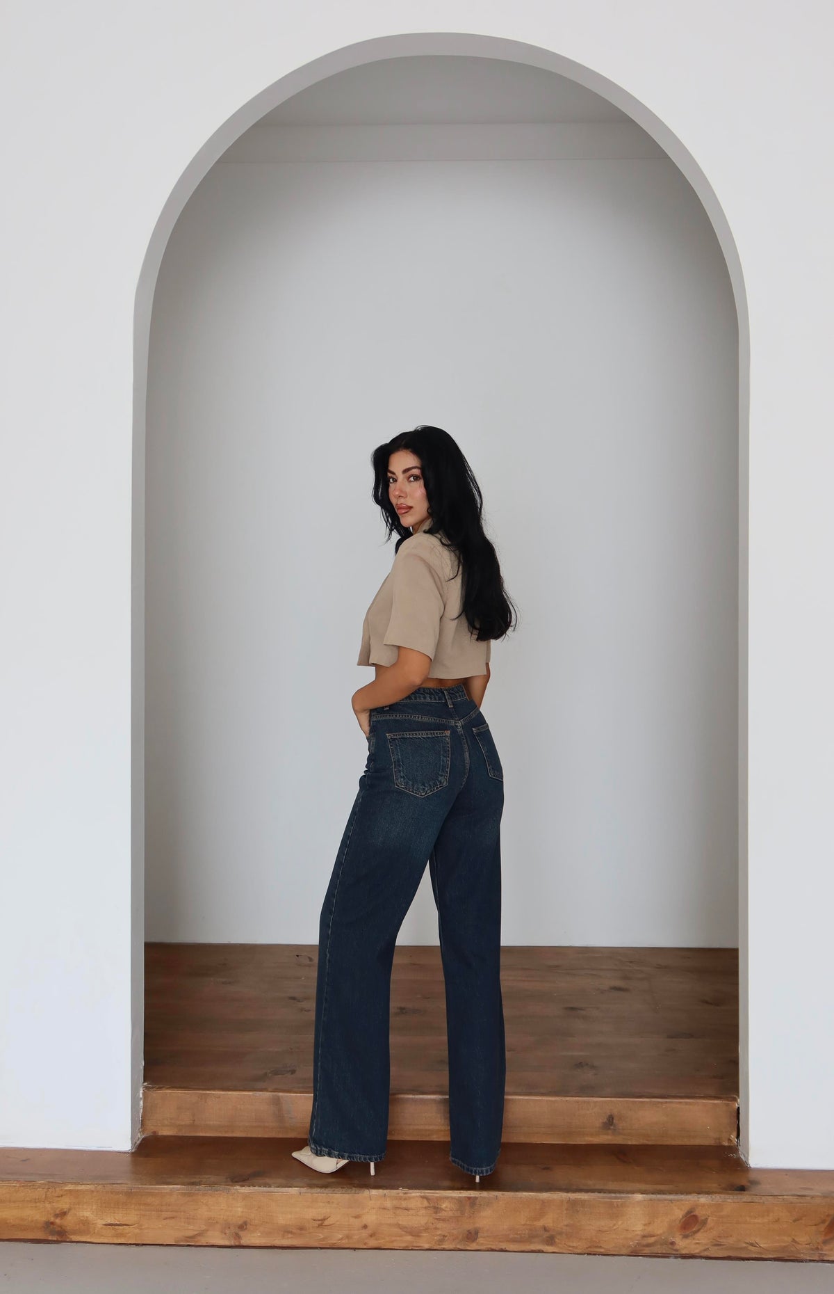 Pantaloni Jean Cafea cu Talie Înaltă, Croială Largă