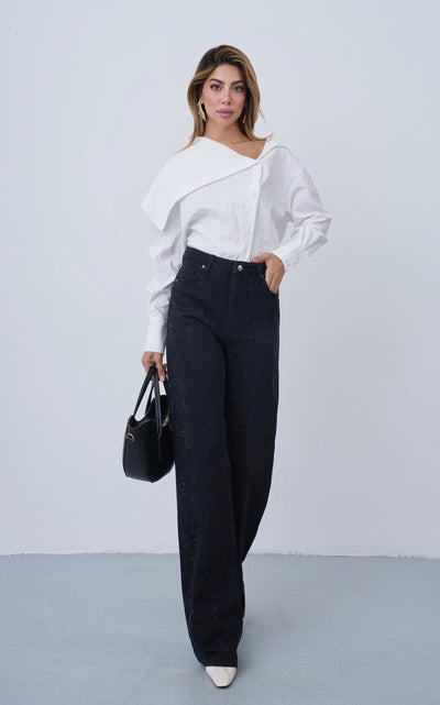 Yüksel Bel Wide Leg Kalıp Şal Desen Taşlı Black Black Jean Pantolon