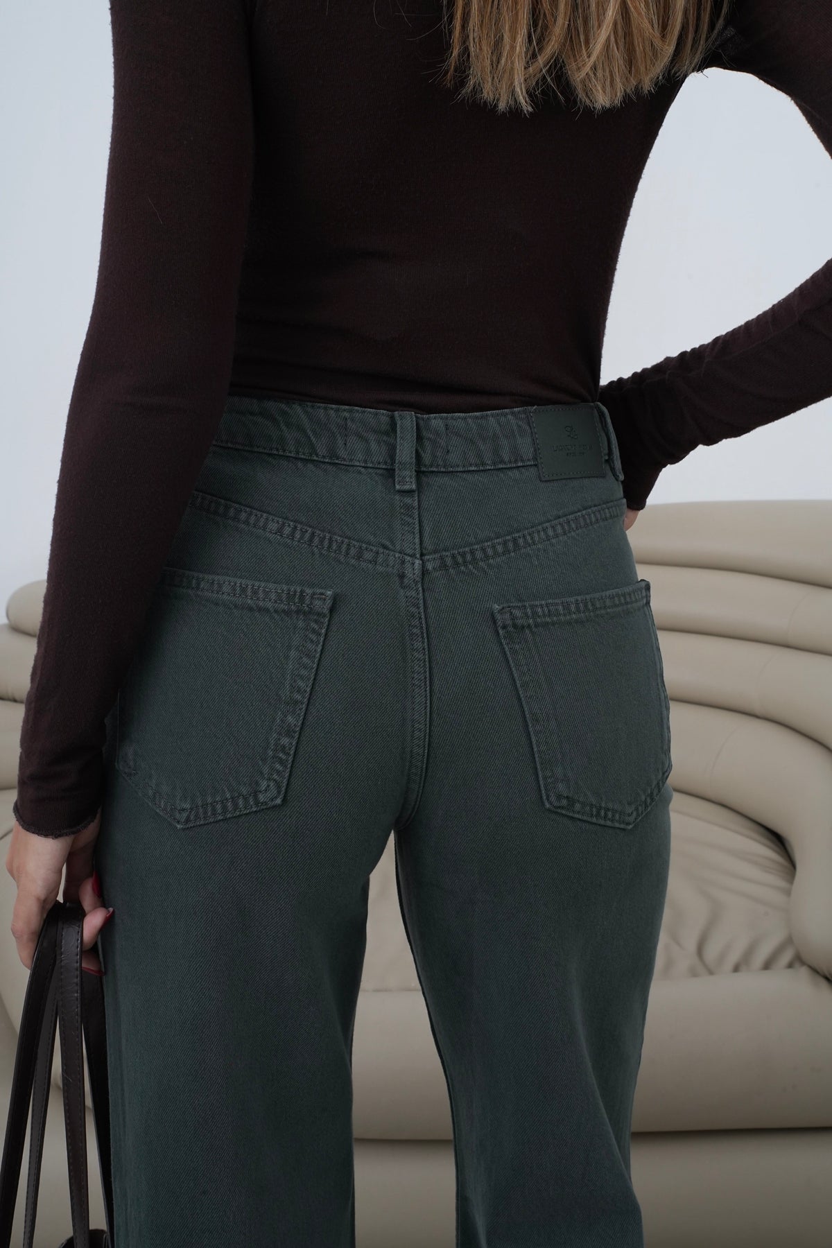 Yüksek Bel Bol Kesim Zümrüt Jean Pantolon