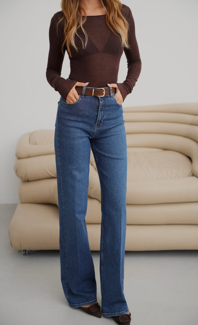 Yüksek Bel Wıde Leg Kalıp Kemer Detaylı Dark Blue Jean Pantolon