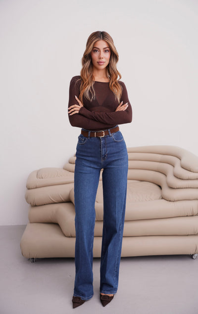 Yüksek Bel Wıde Leg Kalıp Kemer Detaylı Dark Blue Jean Pantolon