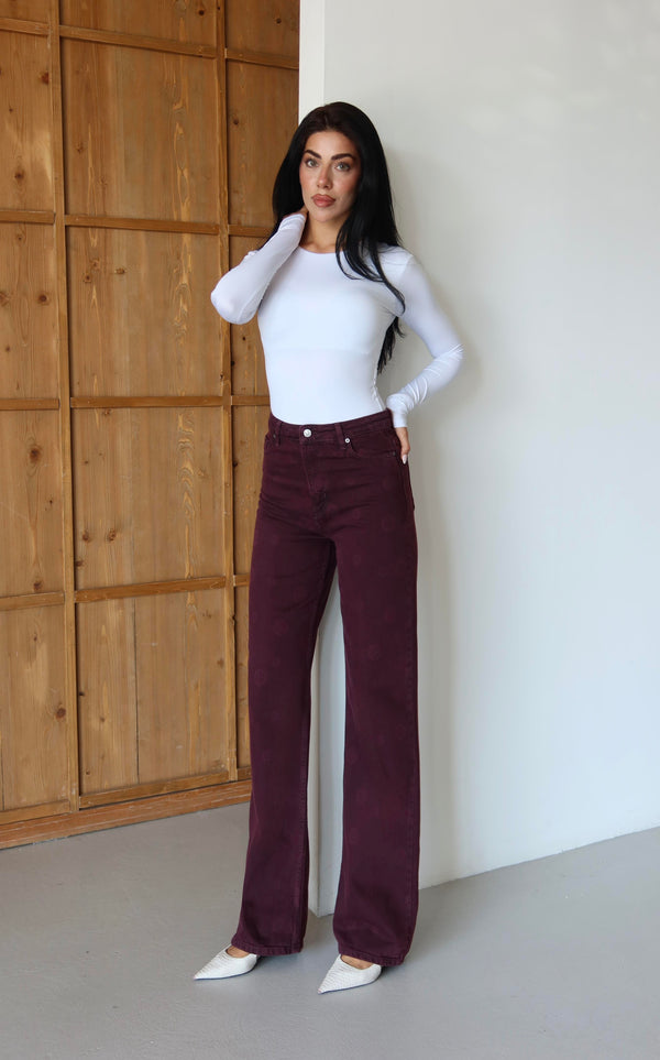 Yüksek Bel Geniş Kesim Çiçek Desenli Bordo Jean Pantolon