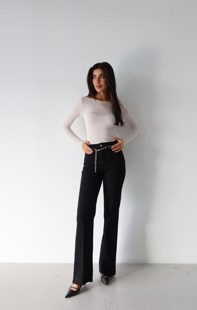 Pantalon Jean Negru Talie Înaltă Detaliu Lanț Curea